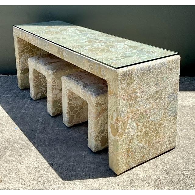 Jack Lenor Larsen Vintage 80s Upholstered Console and Stools After Jack Lenor Larsen For Sale - Image 4 of 12