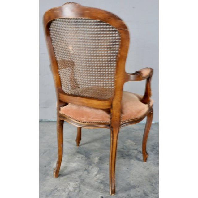 A caned back accents the back of this fauteuil from the 19th century in France. The seat has been covered in suede which...