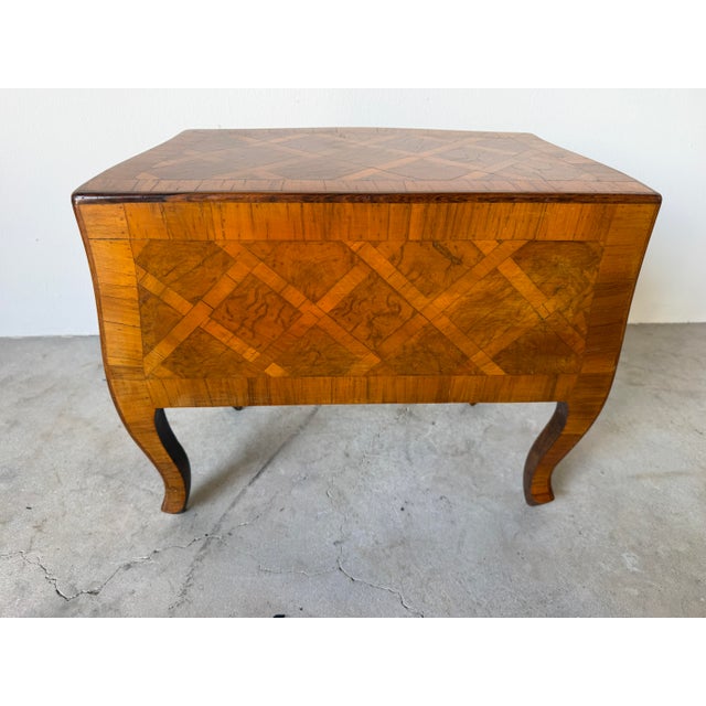 Brown Vintage Italian Burl Olive Wood Parquetry Two-Drawer Miniature Chest With Shell-Form Handles For Sale - Image 8 of 12