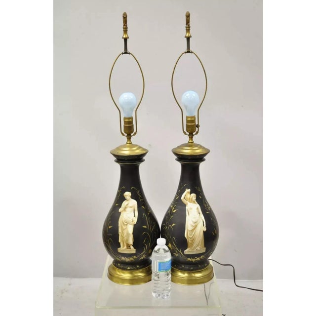 Antique French Neoclassical Black Porcelain Classical Bulbous Table Lamps - Pair For Sale - Image 11 of 12