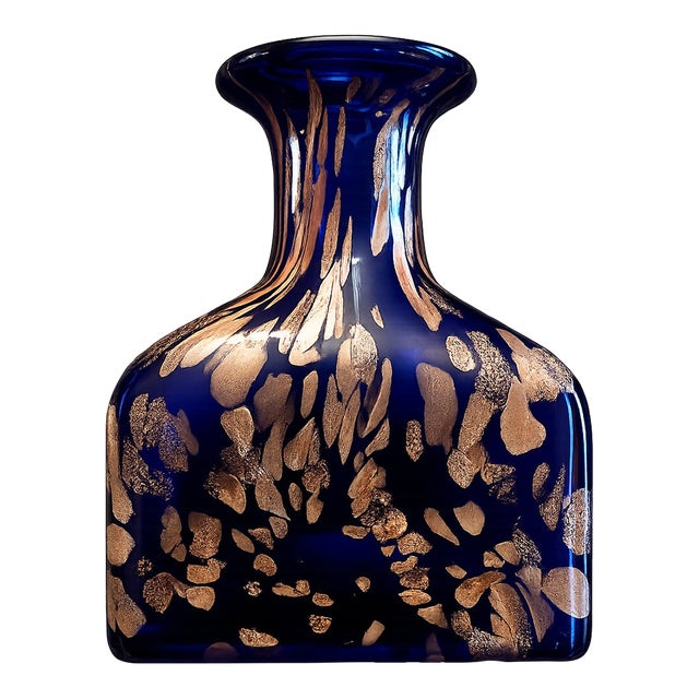 Murano Style Cobalt Blue Glass Vase With Gold Flecks – Mid Century Modern Decorative Accent For Sale