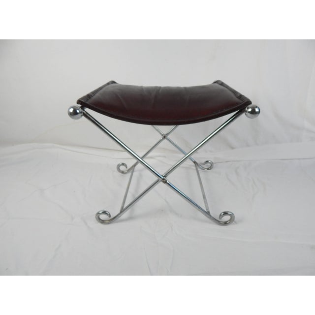 Mid 20th century Italian small polished chromed steel and stitched cordovan leather window seat featuring a removable...