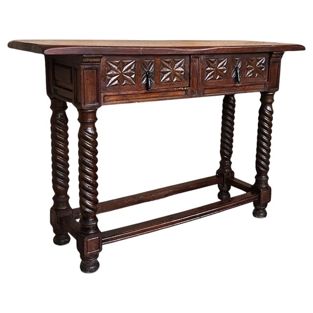 Early 20th Century Catalan Spanish Carved Walnut Console Table with Two Drawers, 1890 For Sale