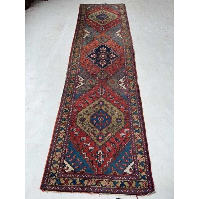 Name: DECORATIVE Antique Heriz Runner | Kiwi, Lake Blue, Rust, Camel, Sage, Melon Size: 3 x 10.2 Age: Antique, C....
