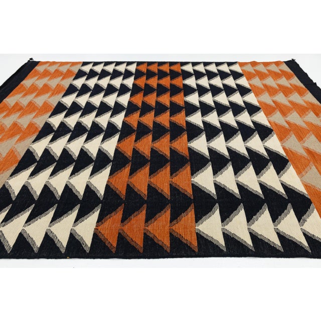 Modern Navajo Style Geometric Wool Rug Handmade Terracotta & Charcoal Flatweave For Sale - Image 9 of 11
