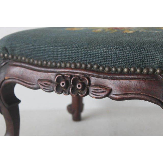 Vintage French Country Louis XV Style Carved Wood Needlepoint Footstool Ottoman Nailhead Detail For Sale - Image 9 of 12