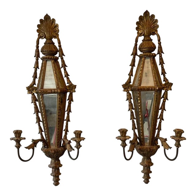1960s Italian Carved Wood Mirrored Sconces - A Pair For Sale
