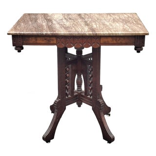 Victorian Eastlake Style Walnut and Marble Top Rolling Center Table For Sale
