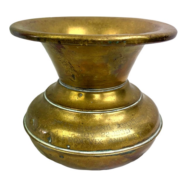 Vintage Early American Brass Cachepot / Planter Vessel – Engraved 1939 For Sale