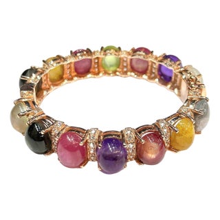 Bochic “Capri” Vintage Amethyst & Multi Color Sapphires Cuff Set In 18K & Silver For Sale