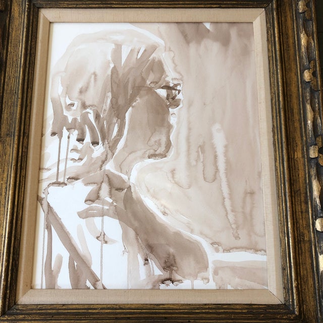 Original painting on paper unsigned sketch 16 x 20 overall size with vintage carved wood frame with linen liner is 24 x 28