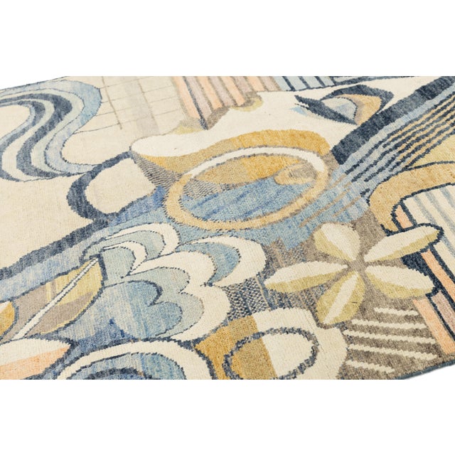 Art Deco Inspired Modern Portrait Rug – 5x9 Hand-Knotted Wool in Blue and Gold For Sale - Image 4 of 9