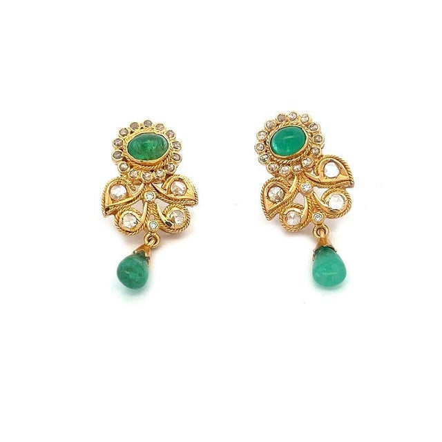 Emerald Diamond Gold Earrings 21k Floral Dangle Style, 2 pieces For Sale - Image 4 of 7