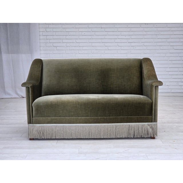 1970s, Danish 2-seater sofa. Original green furniture velour, beech wood, springs in the seat. Original very good...