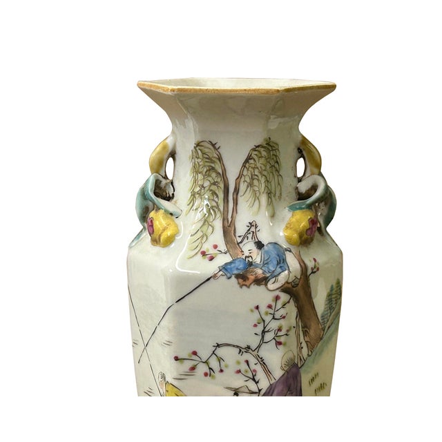 White Chinese Scenery Graphic Hexagonal White Porcelain Art Vase 2 For Sale - Image 8 of 17
