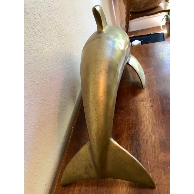 Vintage Mid-Century Solid Brass 21-Inch Leaping Dolphin Sculpture For Sale - Image 4 of 12