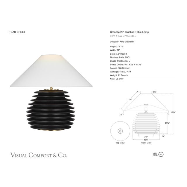 Kelly Wearstler by Visual Comfort Signature Crenelle 20" Stacked Table Lamp in Ebonized Birch with Linen Shad Designer:...