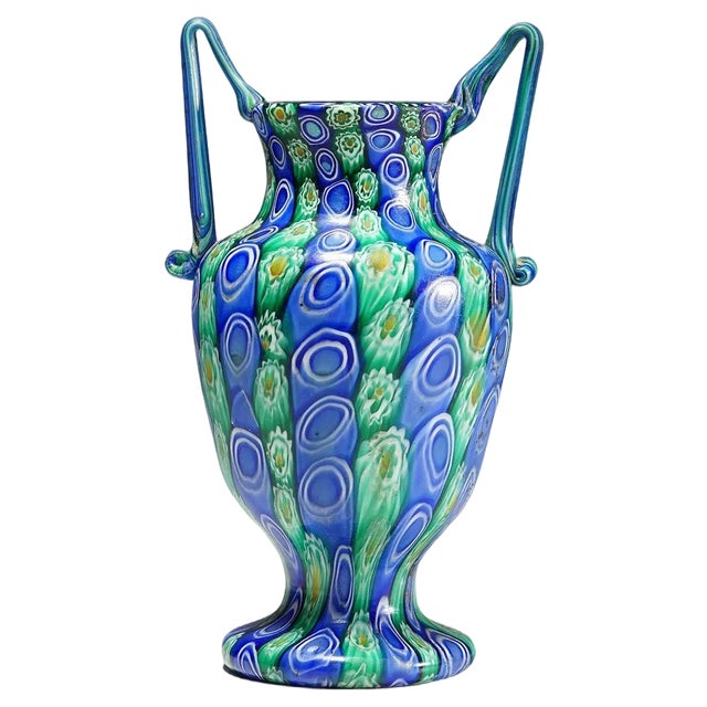 Large Antique Millefiori Vase with Handles from Toso Murano Brothers, 1910 For Sale
