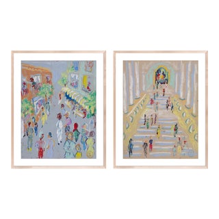 At the Museum & In the Street Diptych by Happy Menocal in Natural Maple Frame, Medium Art Print For Sale