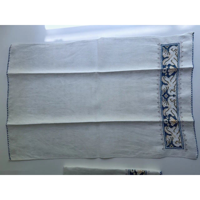 Textile Vintage Pair Embroidered Blue & White Linen "Griffin" Hand Towels For Sale - Image 7 of 12