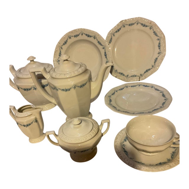 New 1970s Dinner & Tea Set With Blue Garland by Rosenthal - 100 Piece Set For Sale