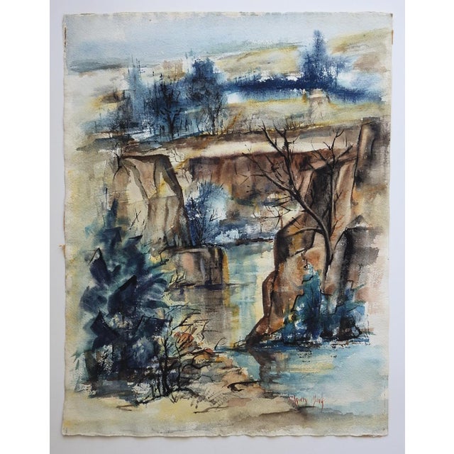Mid-Century Modern 1957 Quartet Falls Idaho Modernist LandscapeWatercolor Painting For Sale - Image 3 of 3