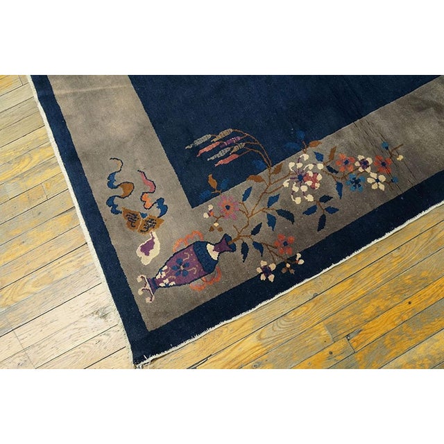 Art Deco 1920s Antique Blue Field Gray Border Vase Floral Classic Chinese Art Deco Rug For Sale - Image 3 of 5