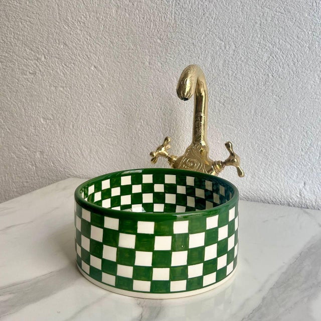 Add Bohemian Charm with This Hand-Painted 12" Green Vessel Sink Elevate your bathroom with this stunning 12-inch green...