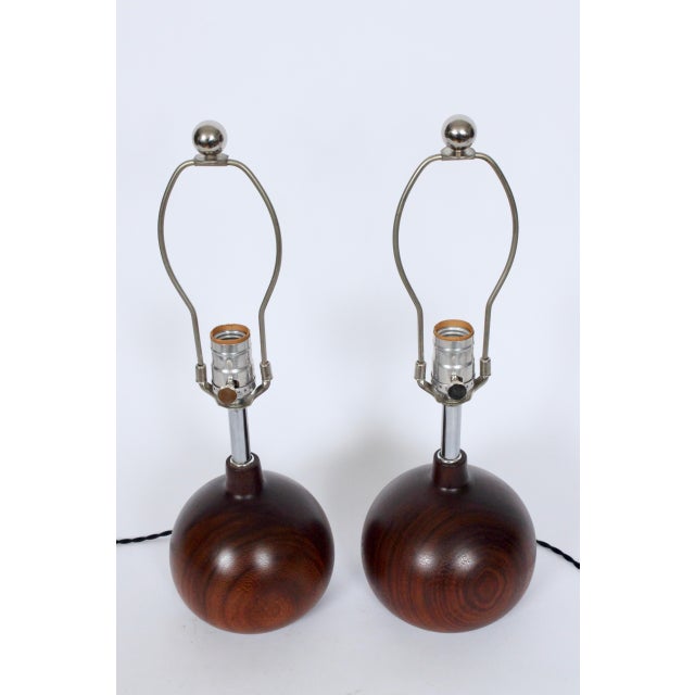 1970's Solid Staved Deep Teak "Onion" Table Lamps - A Pair For Sale - Image 13 of 13