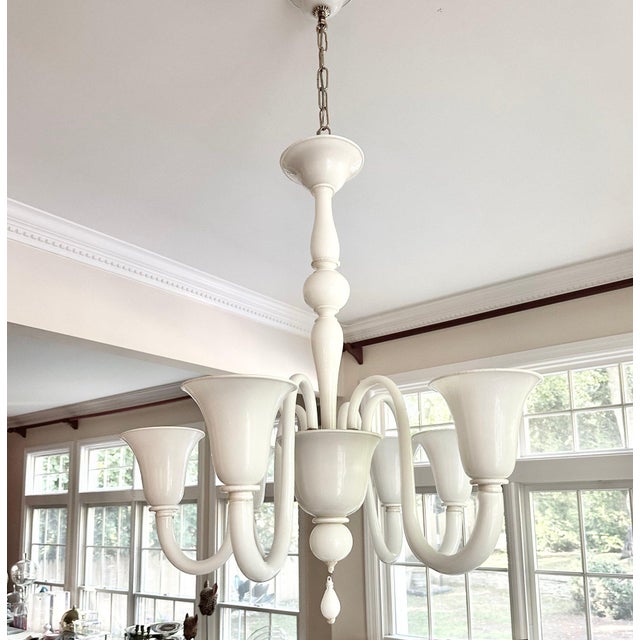 A beautiful 6 light, classic Murano glass chandelier handblown in bianco latte white. Hand made in Italy.
