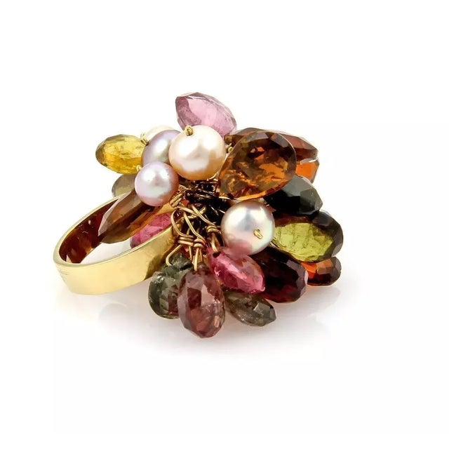 Contemporary Multi Color Briolette Gemstone & Pearls 18k Yellow Gold Dangle Ring, Size 6 For Sale - Image 3 of 6