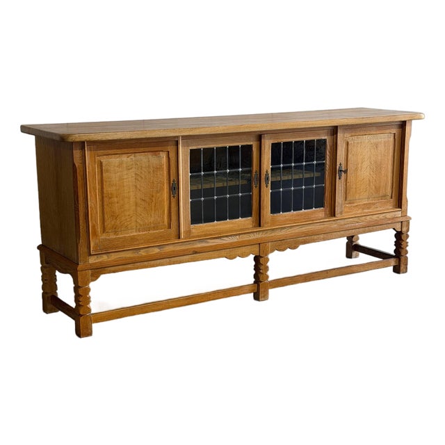 Oak Sideboard Cabinet Leaded Glass Doors in Style of Henning Kjaernulf Denmark 1960s For Sale