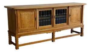 Oak Sideboard Cabinet Leaded Glass Doors in Style of Henning Kjaernulf Denmark 1960s