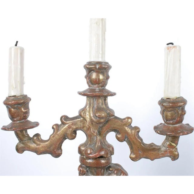Figurative Antique Figural Nude Putti Gilt Wood Candelabra Table Lamp - a Pair For Sale - Image 3 of 6