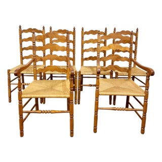 Mid 20th Century Set 6 Vintage French Provincial Style Maple Ladder Back Rush Seat Chairs by Tell City For Sale
