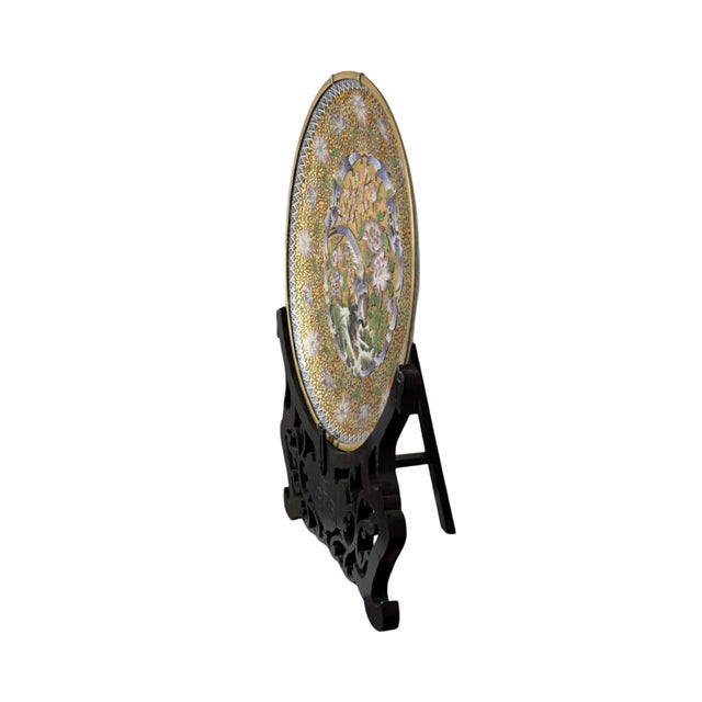 Large Antique Japanese Cloisonné Enamel on Brass Charger With Carved Wood Stand - 20" For Sale - Image 4 of 8