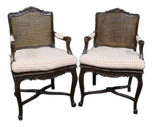 Louis XV Style Carved Walnut Caned Arm Chairs - a Pair