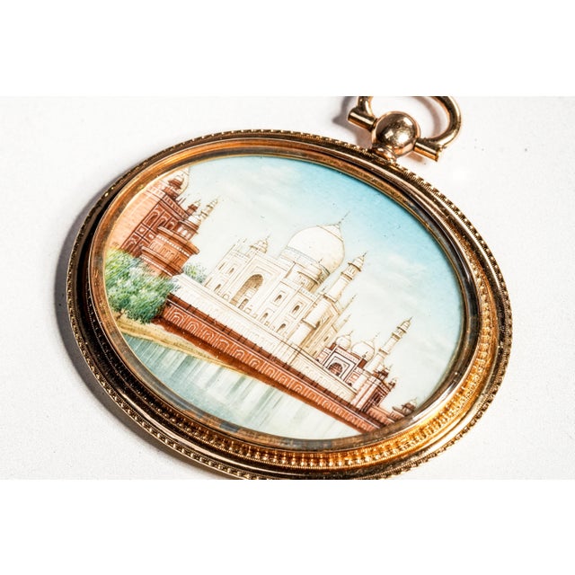 Superb Antique Grand Tour Taj Mahal Portrait Miniature Painting India Souvenir Gold Filled Frame Art Collectible For Sale - Image 11 of 15