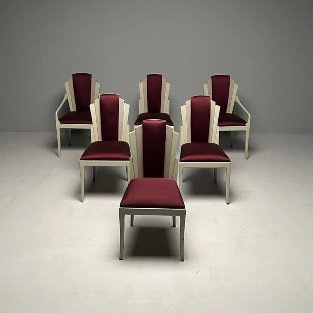 Mid-Century Modern Vladimir Kagan Mid-Century Modern, Six Eva Dining Chairs, Lacquer, Maroon Fabric For Sale - Image 3 of 12