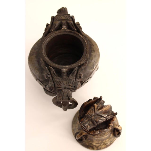 Late 19th Century Fine Antique Chinese Spinach-Jade Censer / Incense Burner With Heavy Masculine Hand Carved Dragons For Sale - Image 5 of 6
