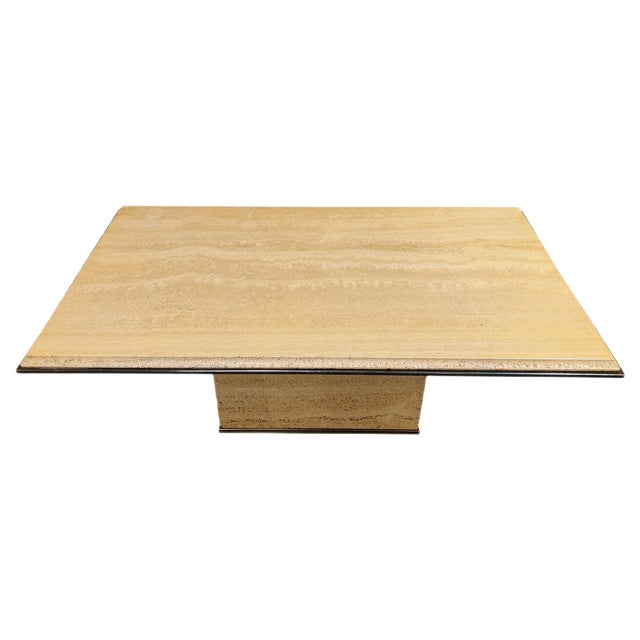 Vintage Travertine and Brass Coffee Table from Fedam, 1970s For Sale