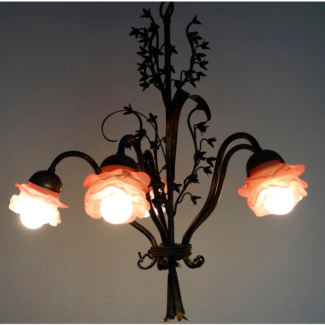 Vintage Green-Gold Patinated Metal Pink Shade Chandelier, 1970s For Sale - Image 16 of 18