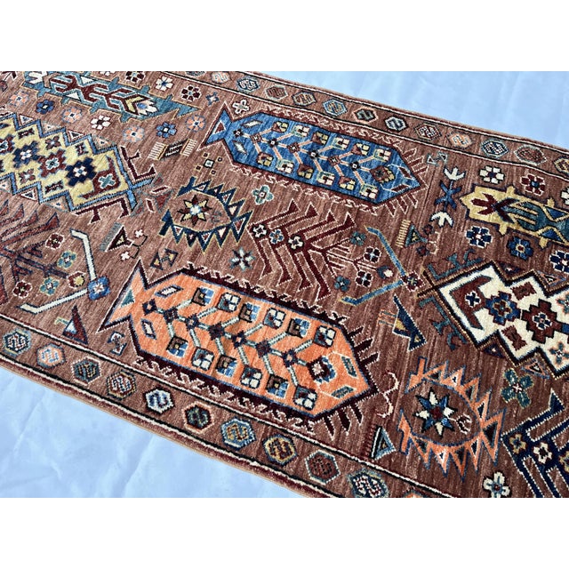 Kazak Style Handmade Wool Runner Rug in Terracotta and Blue For Sale - Image 9 of 9