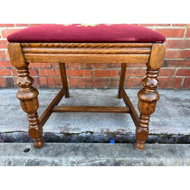 Pair Antique Jacobean Style Solid Tiger Oak Needlepoint Dining Chairs. 19th Century. Solid wood frame, well carved very...