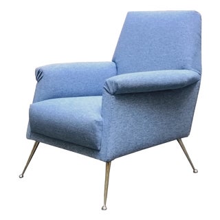 Light Blue Fabric Armchair with Brass Feet, Italy, 1960s For Sale