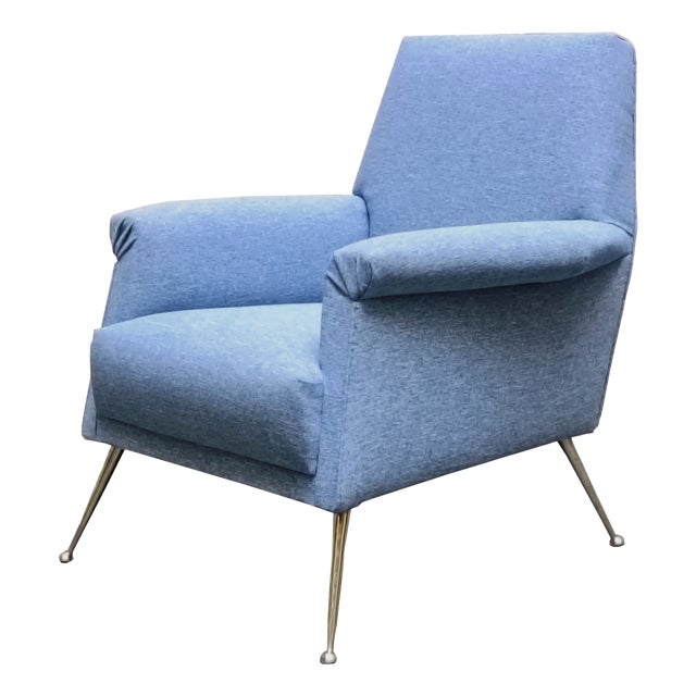 Light Blue Fabric Armchair with Brass Feet, Italy, 1960s For Sale