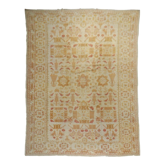 Antique Zabihi Collection Pictorial Ivory Oushak Rug - 9'2" x 15'2" For Sale