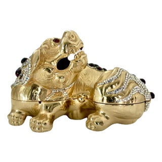Vintage 1980s Judith Leiber Chinese FooDog Garnet Gemstone Gold Burgundy Red Minaudière Evening Bag Dragon For Sale
