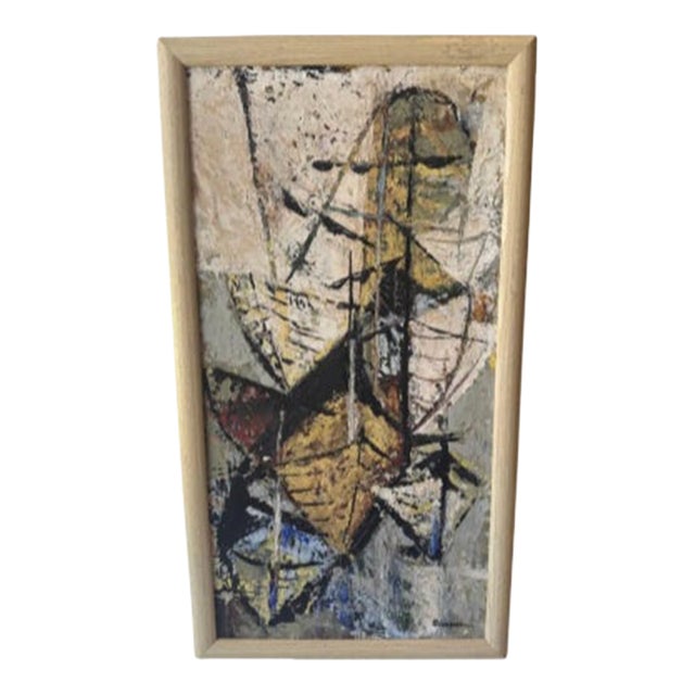 MCM Signed Geometric Abstract Small Oil Painting on Board For Sale