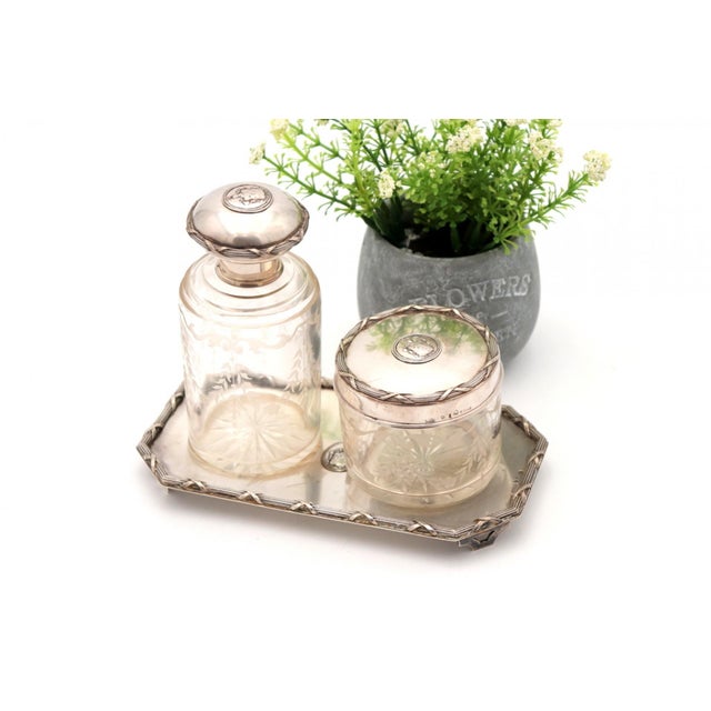 Toiletry Set with Silver Tray and Acid-Etched Glass Bottles with Silver Lids and Embossed Trim, Set of 3, in Good conditions.